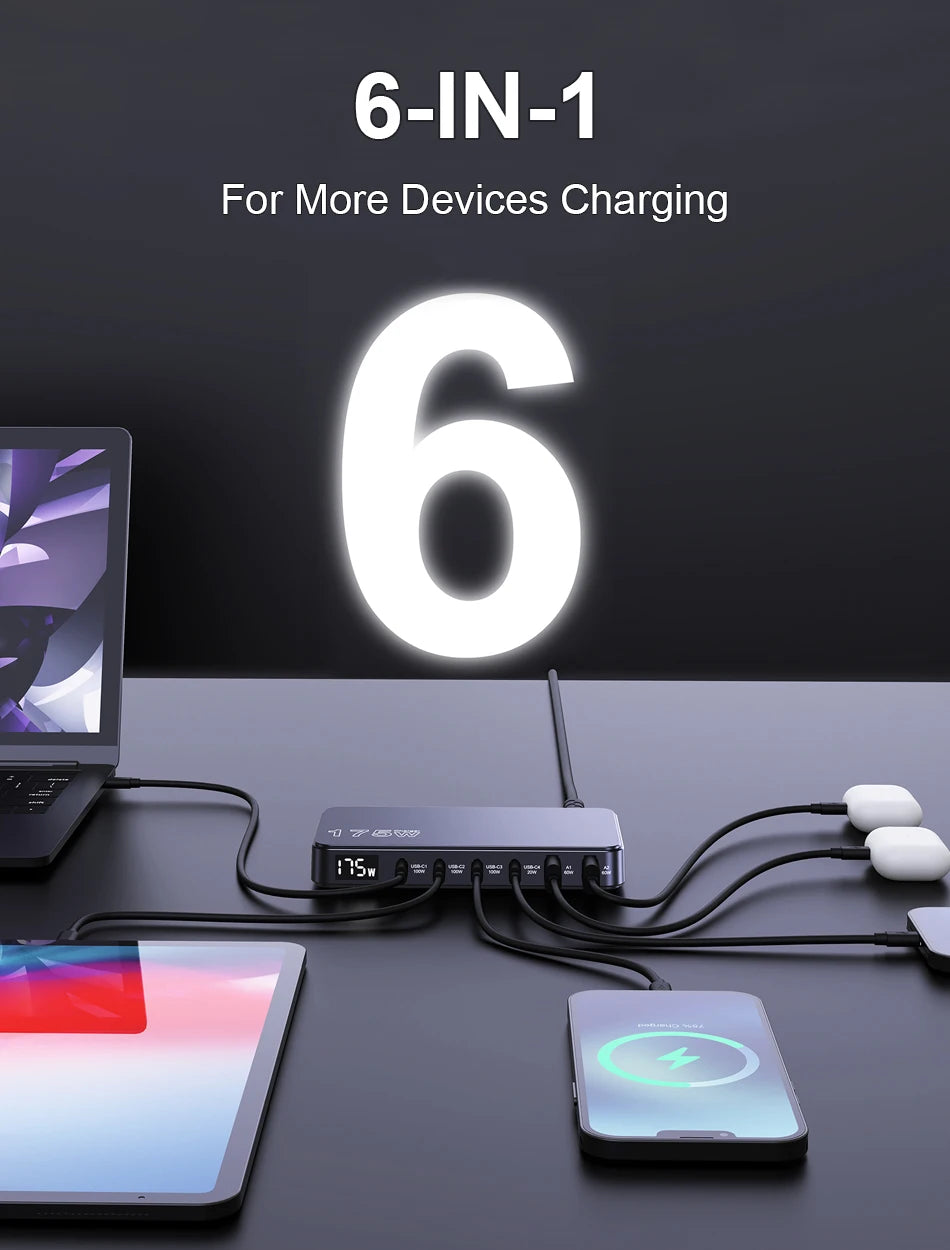 Ueetop 175W GaN 6-Port Desktop Charger – PD 100W + PPS 45W Fast Charging