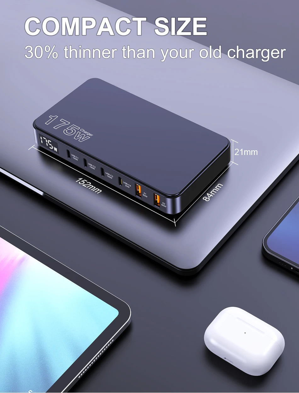Ueetop 175W GaN 6-Port Desktop Charger – PD 100W + PPS 45W Fast Charging