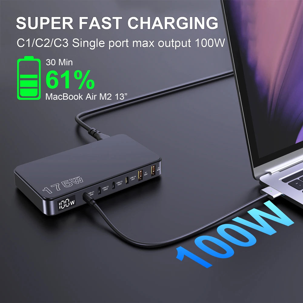 Ueetop 175W GaN 6-Port Desktop Charger – PD 100W + PPS 45W Fast Charging