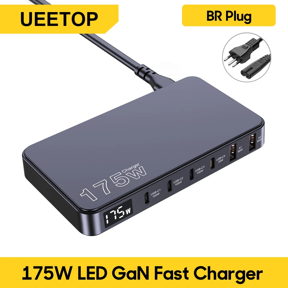 Ueetop 175W GaN 6-Port Desktop Charger – PD 100W + PPS 45W Fast Charging
