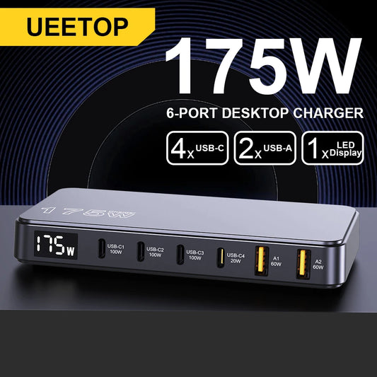 Ueetop 175W GaN 6-Port Desktop Charger – PD 100W + PPS 45W Fast Charging